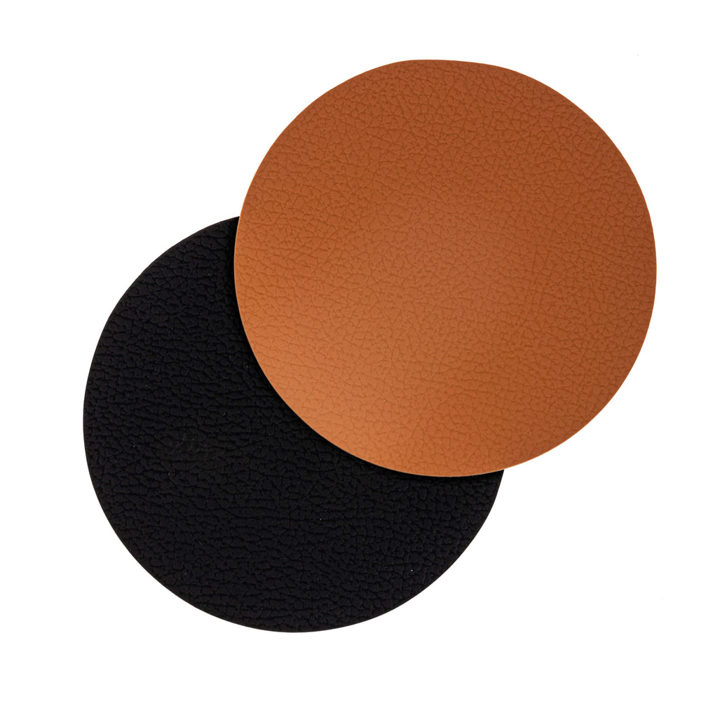 Cookinglife Onderzetters - Vegan leer - Zwart / Cognac - dubbelzijdig - ø 10 cm - 6 stuks
