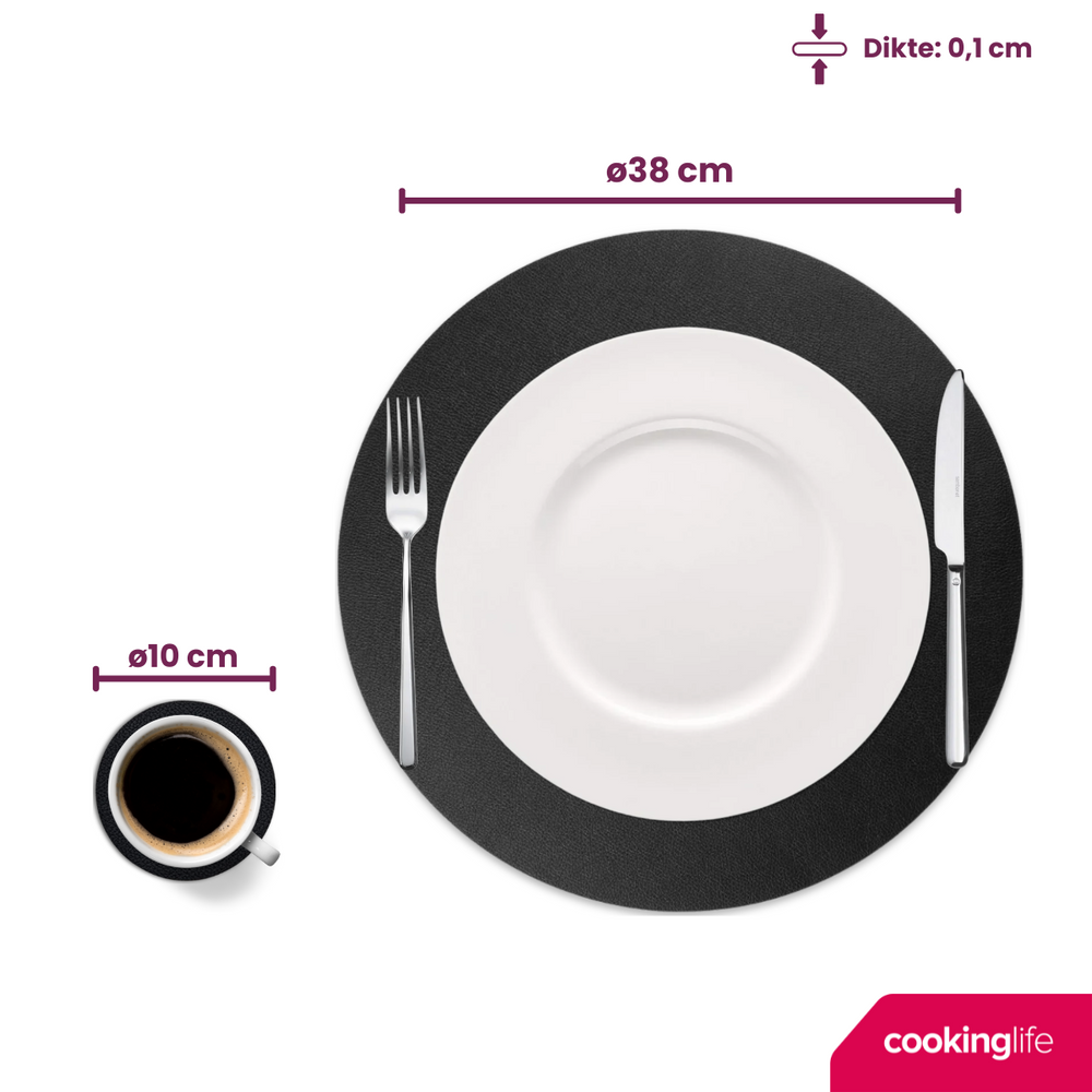 Cookinglife 6 Placemats + 6 Onderzetters - Rond - Vegan leer - Zwart