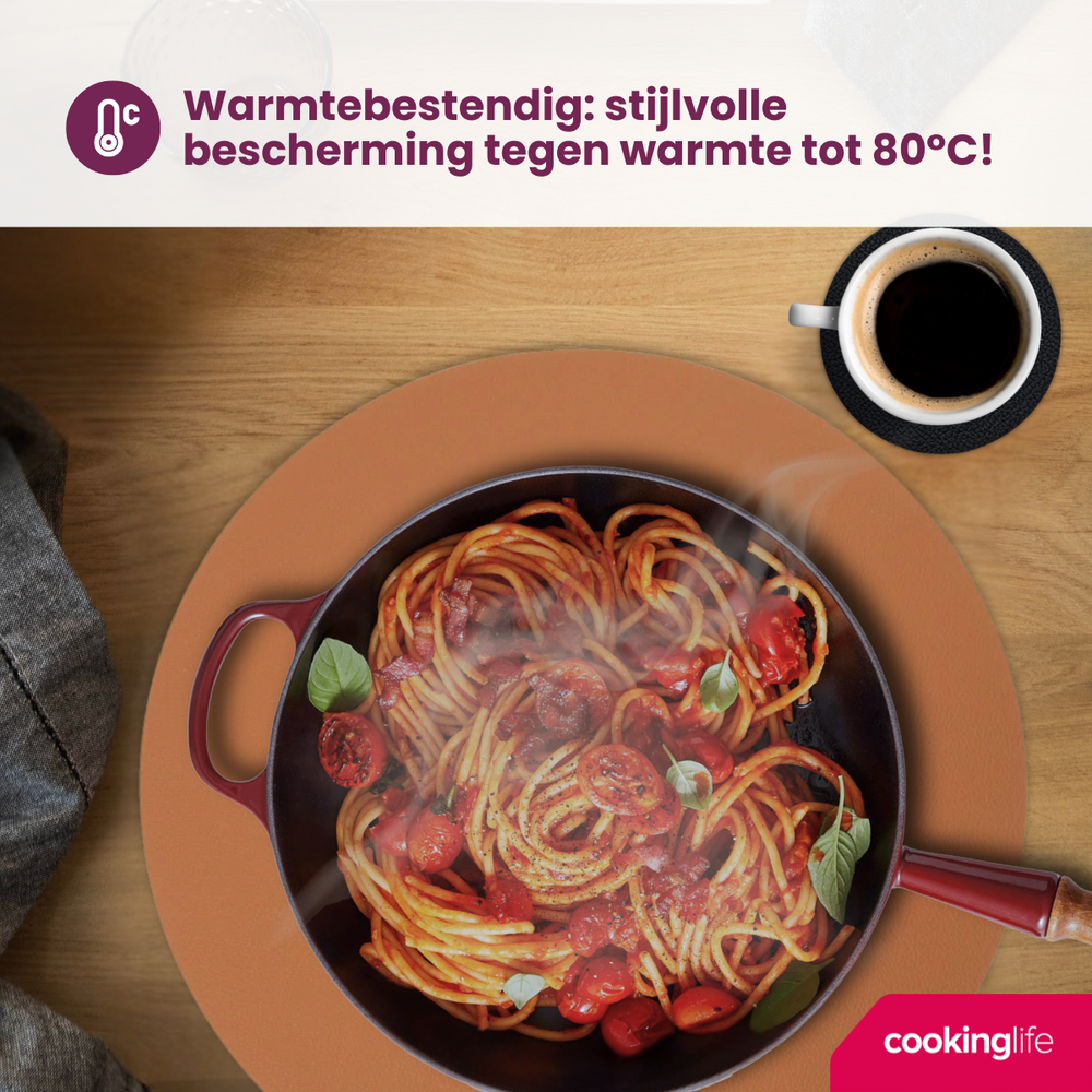 Cookinglife 6 Placemats + 6 Onderzetters - Dubbelzijdig - Rond - Vegan leer - Zwart / Cognac