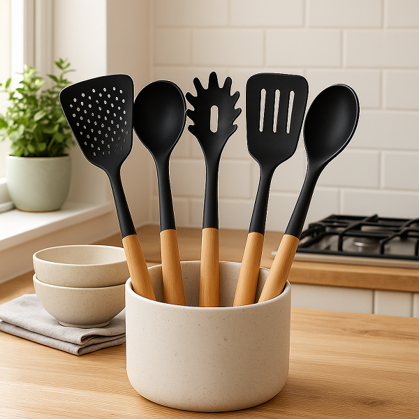 Cookinglife Keukengerei set - Kookgerei set - hout zwart 5 delig - Schuimspaan, soeplepel, spaghettilepel, bakspaan & opscheplepel