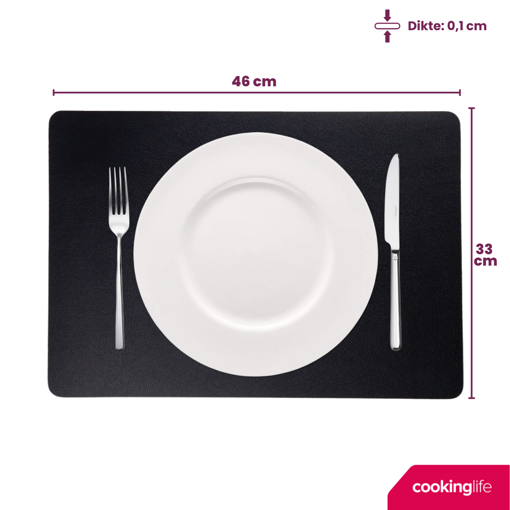 Cookinglife Placemats - Dubbelzijdig - Vegan leer - Cognac / Zwart 46 x 33 cm - 6 Stuks