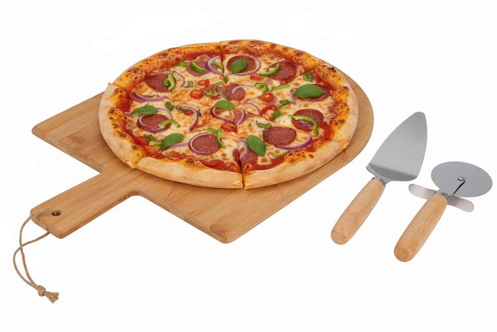 Cookinglife Pizza set Bamboe - Pizzaplank 43 x 30 cm, Pizzasnijder & Pizzames