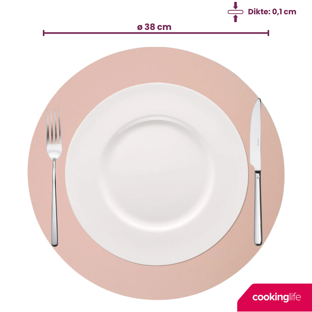 Cookinglife Placemats - Dubbelzijdig - Vegan leer - Grijs / Roze ø 38 cm - 6 Stuks