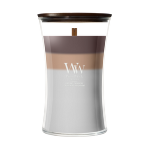 WoodWick Geurkaars Large Trilogy Radiant Cashmere - 18 cm / ø 10 cm - Geurkaars in Glas - Houten Lont