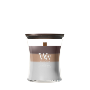 WoodWick Geurkaars Medium Trilogy Radiant Cashmere - 11 cm / ø 10 cm - Geurkaars in Glas - Houten Lont
