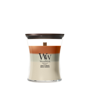 WoodWick Geurkaars Medium Trilogy Vanilla Embers - 11 cm / ø 10 cm - Geurkaars in Glas - Houten Lont