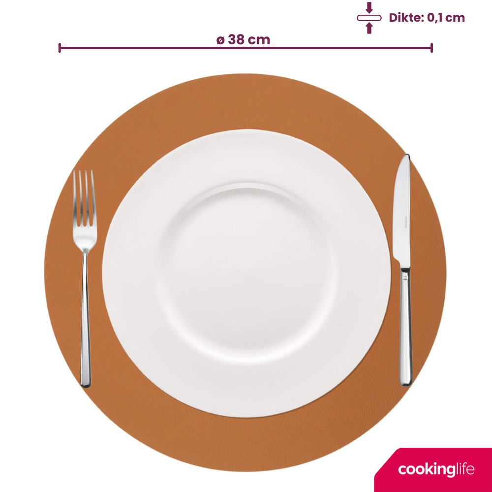 Cookinglife Placemats - Dubbelzijdig - Vegan leer - Cognac / Zwart ø 38 cm - 6 Stuks