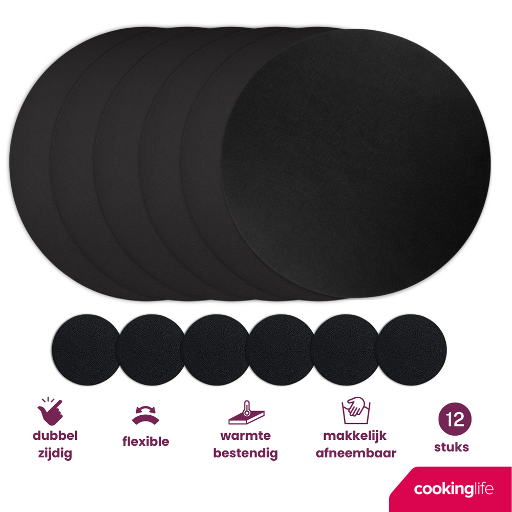 Cookinglife 6 Placemats + 6 Onderzetters - Rond - Vegan leer - Zwart