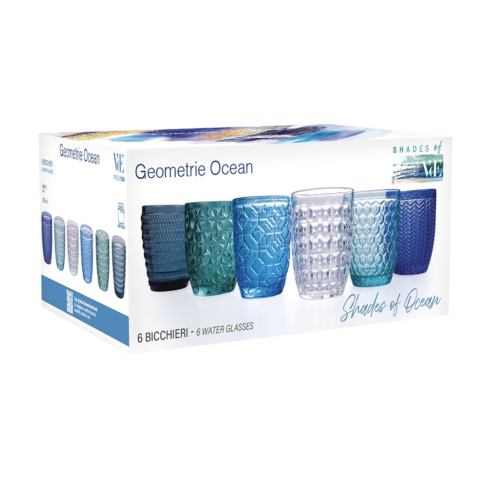 Villa d'Este Home Waterglazen Geometrie Ocean - Blauw - 350 ml - 6 stuks