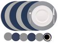 Cookinglife 6 Placemats + 6 Onderzetters - Dubbelzijdig - Rond - Vegan leer - Blauw / Grijs