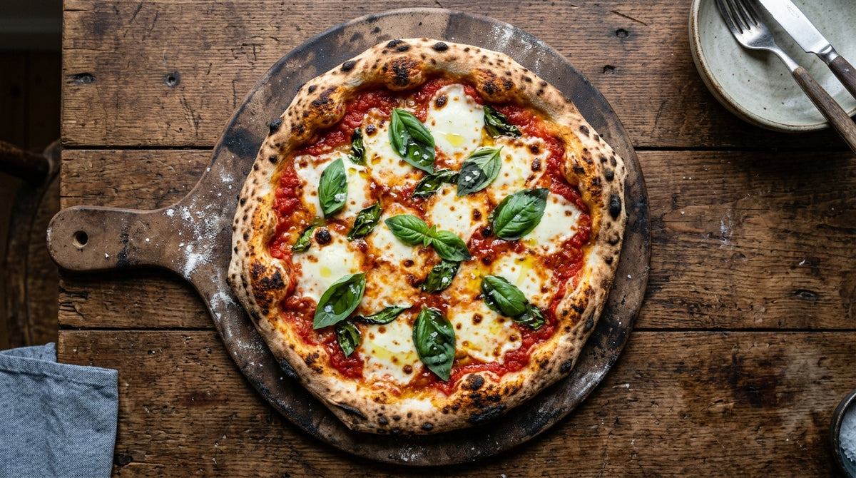 Vijf ingrediënten op de pizza, een eenvoudig deeg eronder en een pizzasteen in je gewone oven.