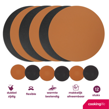 Cookinglife 6 Placemats + 6 Onderzetters - Dubbelzijdig - Rond - Vegan leer - Zwart / Cognac