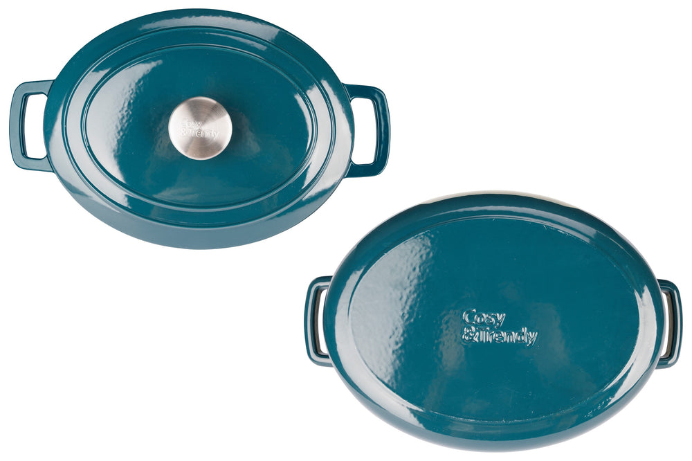 Cosy & Trendy Braadpan met deksel Fontestic Gietijzer Green Heron Ovaal - 31 x 24 cm / 6 Liter - geëmailleerde anti-aanbaklaag