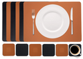 Cookinglife 6 Placemats + 6 Onderzetters - Dubbelzijdig - Vegan leer - Zwart / Cognac