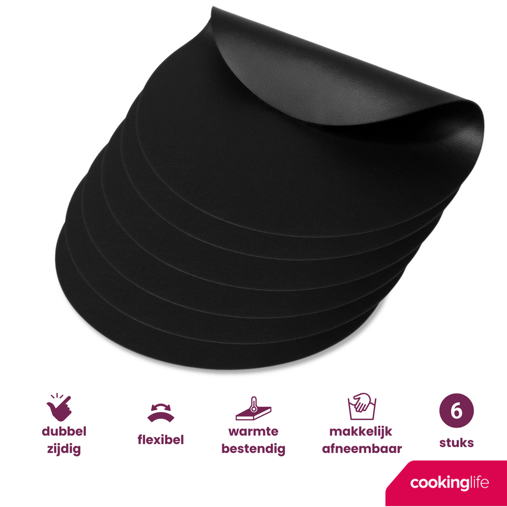 Cookinglife Placemats - Vegan leer - Zwart - ø 38 cm - 6 stuks