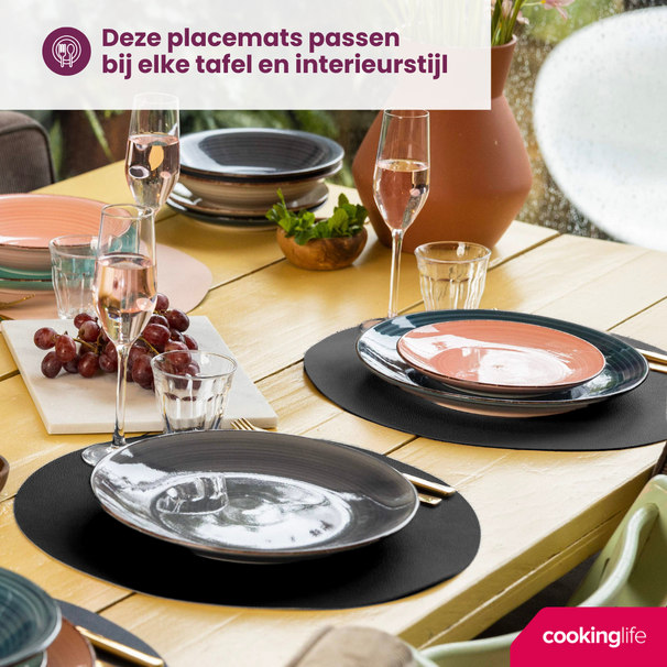 Cookinglife Placemats - Vegan leer - Zwart - ø 38 cm - 6 stuks