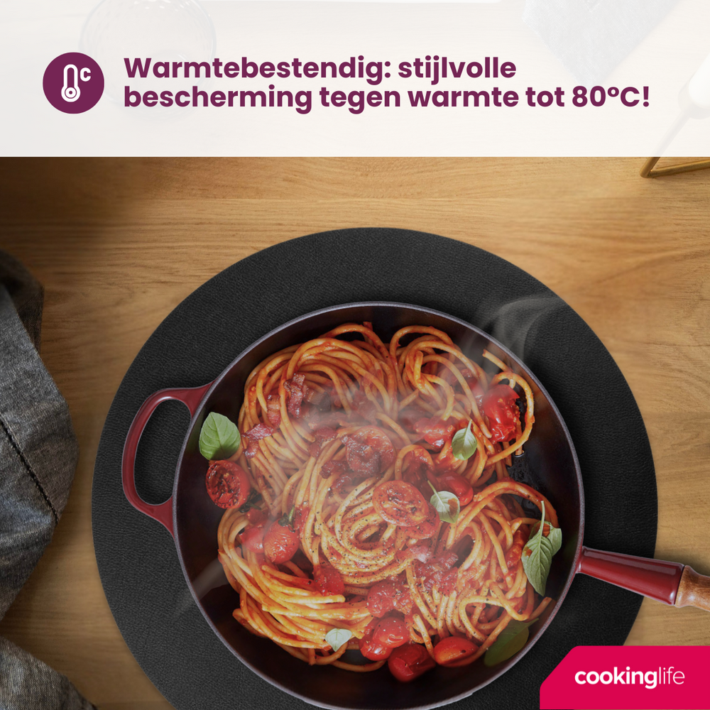 Cookinglife Placemats - Vegan leer - Zwart - ø 38 cm - 6 stuks