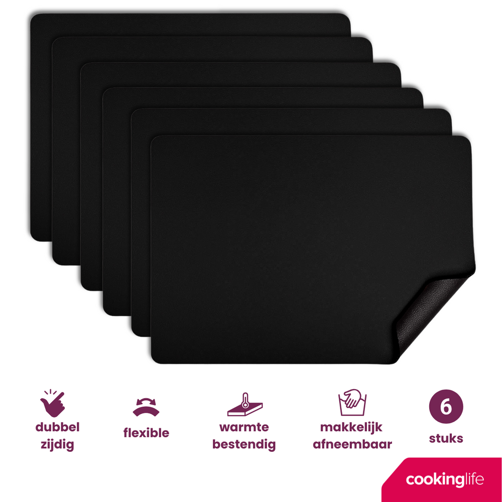 Cookinglife Placemats - Vegan leer - Zwart - 46 x 33 cm - 6 stuks