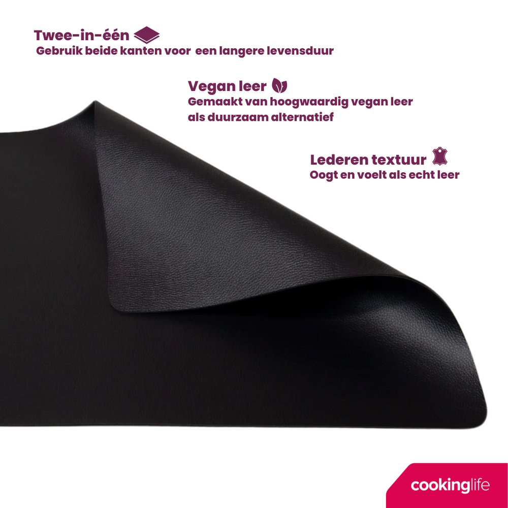 Cookinglife Placemats - Vegan leer - Zwart - 46 x 33 cm - 6 stuks