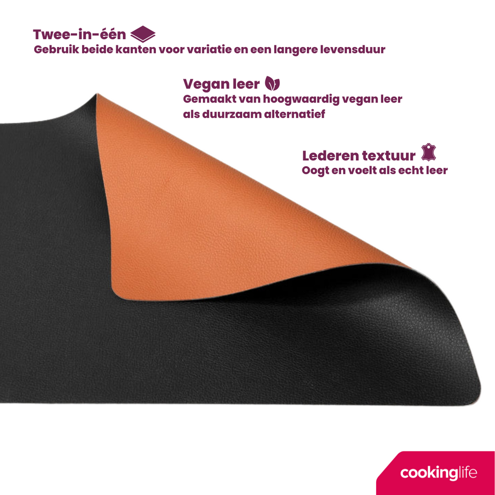 Cookinglife Placemats - Dubbelzijdig - Vegan leer - Cognac / Zwart 46 x 33 cm - 6 Stuks