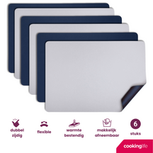 Cookinglife Placemats - Dubbelzijdig - Vegan leer - Grijs / Blauw 46 x 33 cm - 6 Stuks