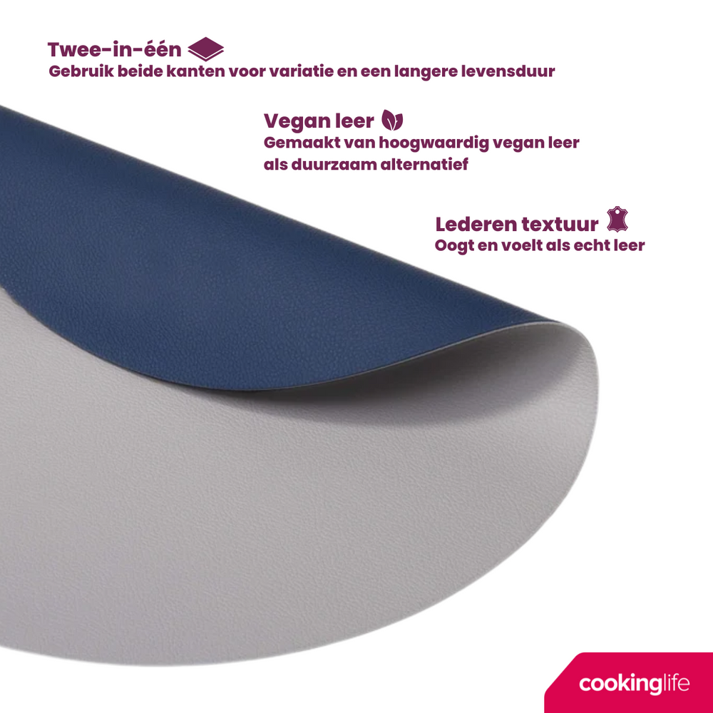 Cookinglife 6 Placemats + 6 Onderzetters - Dubbelzijdig - Rond - Vegan leer - Blauw / Grijs