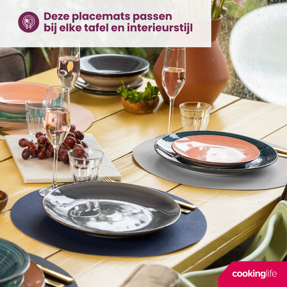 Cookinglife 6 Placemats + 6 Onderzetters - Dubbelzijdig - Rond - Vegan leer - Blauw / Grijs