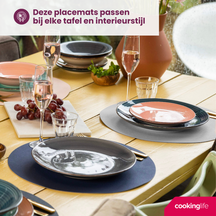 Cookinglife 6 Placemats + 6 Onderzetters - Dubbelzijdig - Rond - Vegan leer - Blauw / Grijs