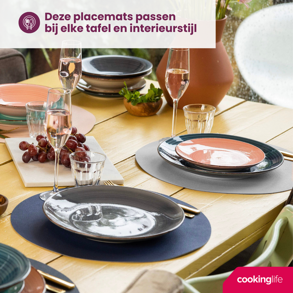 Cookinglife Placemats - Dubbelzijdig - Vegan leer - Grijs / Blauw ø 38 cm - 6 Stuks