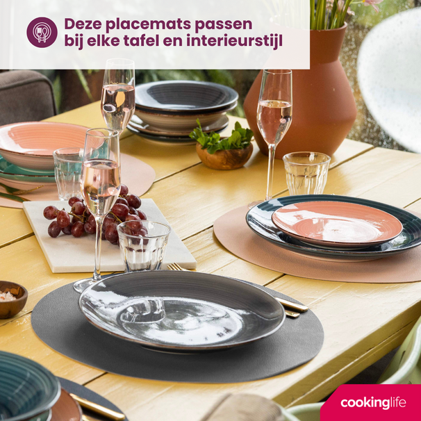 Cookinglife Placemats - Dubbelzijdig - Vegan leer - Grijs / Roze ø 38 cm - 6 Stuks