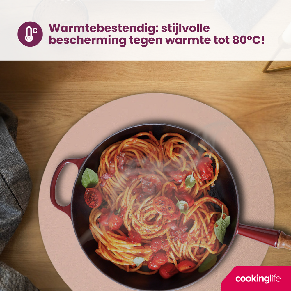 Cookinglife Placemats - Dubbelzijdig - Vegan leer - Grijs / Roze ø 38 cm - 6 Stuks