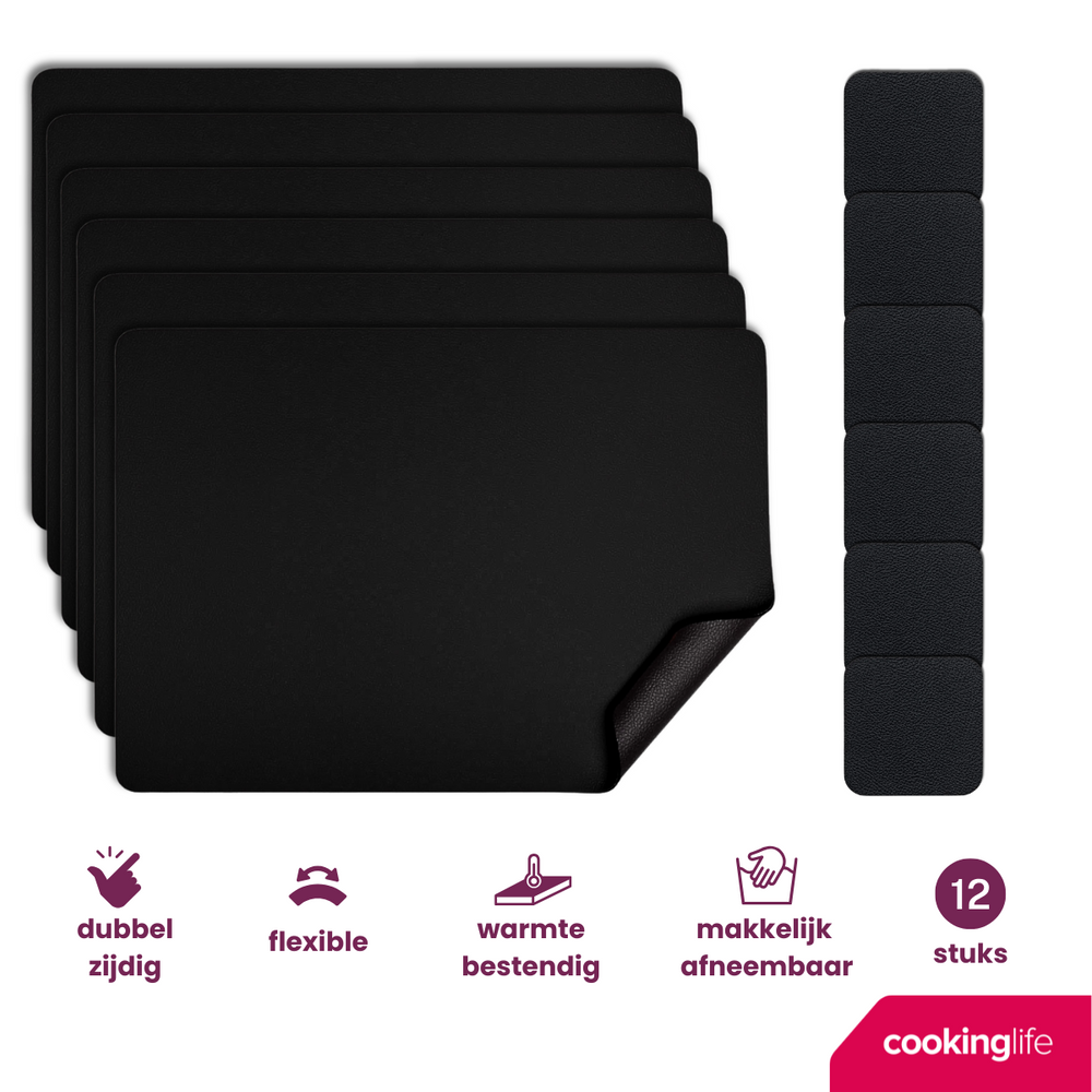 Cookinglife 6 Placemats + 6 Onderzetters - Vegan leer - Zwart