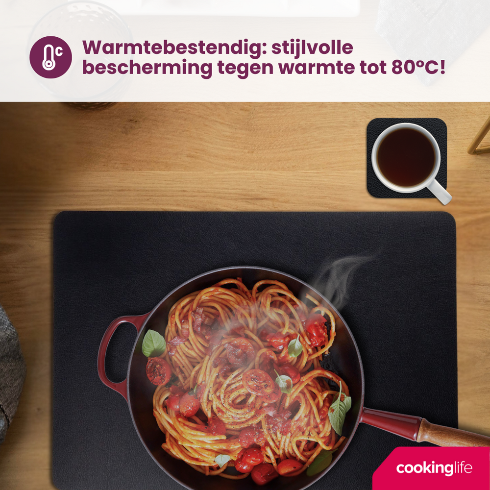 Cookinglife 6 Placemats + 6 Onderzetters - Vegan leer - Zwart