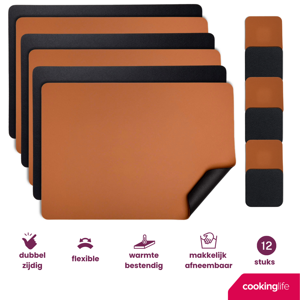 Cookinglife 6 Placemats + 6 Onderzetters - Dubbelzijdig - Vegan leer - Zwart / Cognac