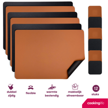 Cookinglife 6 Placemats + 6 Onderzetters - Dubbelzijdig - Vegan leer - Zwart / Cognac