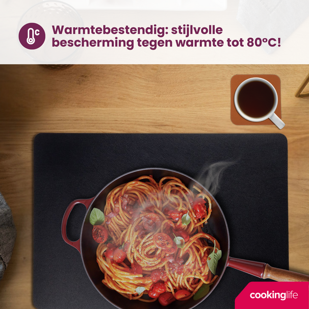 Cookinglife 6 Placemats + 6 Onderzetters - Dubbelzijdig - Vegan leer - Zwart / Cognac