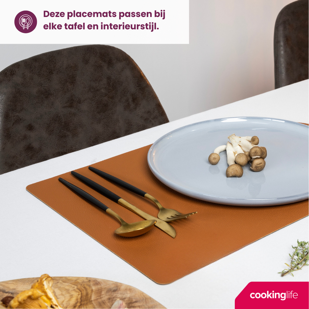 Cookinglife 6 Placemats + 6 Onderzetters - Dubbelzijdig - Vegan leer - Zwart / Cognac