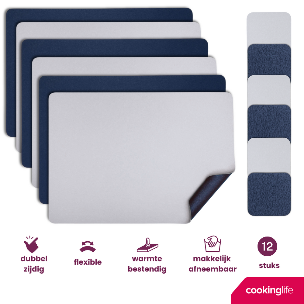 Cookinglife 6 Placemats + 6 Onderzetters - Dubbelzijdig - Vegan leer - Blauw / Grijs