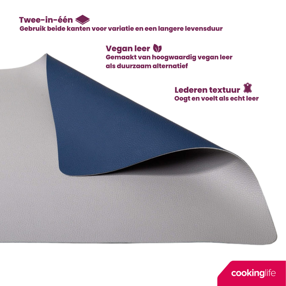 Cookinglife 6 Placemats + 6 Onderzetters - Dubbelzijdig - Vegan leer - Blauw / Grijs