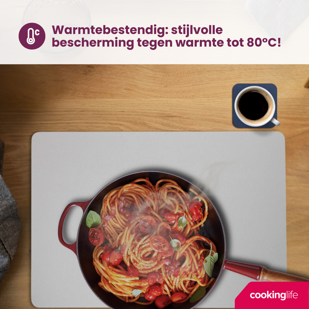 Cookinglife 6 Placemats + 6 Onderzetters - Dubbelzijdig - Vegan leer - Blauw / Grijs