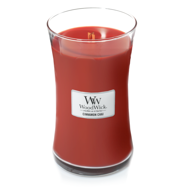 WoodWick Geurkaars Large Cinnamon Chai - 18 cm / ø 10 cm - Geurkaars in Glas - Houten Lont