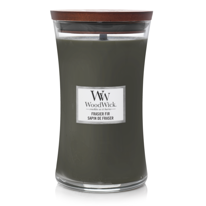 WoodWick Geurkaars Large Frasier Fir - 18 cm / ø 10 cm - Geurkaars in Glas - Houten Lont