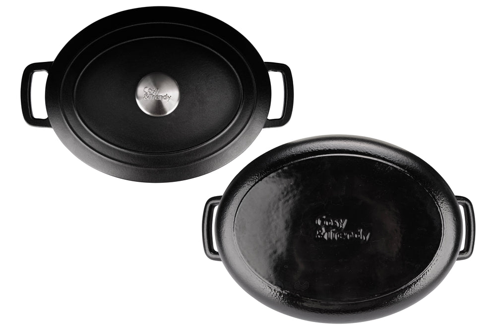 Cosy & Trendy Braadpan met deksel Fontestic Gietijzer Black Ovaal - 31 x 24 cm / 6 Liter - geëmailleerde anti-aanbaklaag