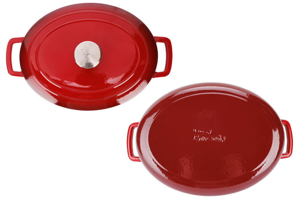 Cosy & Trendy Braadpan met deksel Fontestic Gietijzer Traditional Red Ovaal - 31 x 24 cm / 6 Liter - geëmailleerde anti-aanbaklaag