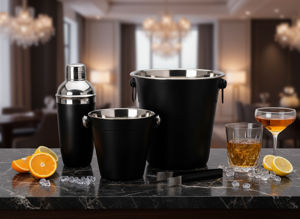 Cookinglife Barset Zwart 4-Delig - Cocktailshaker, Champagnekoeler, Ijsemmer en Tang