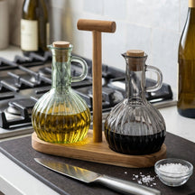 Cosy & Trendy Olie- en Azijnstel met Houder - Glas & Acaciahout - 2 flessen
