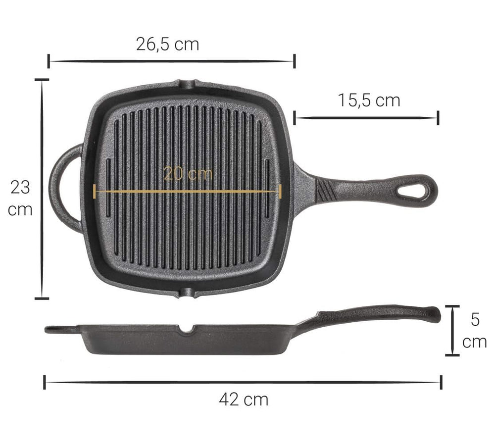 Blackwell Pannenset Gietijzer 2-Delig Koekenpan ø 25 cm & Grillpan 23 x 23 cm - geschikt voor alle warmtebronnen - zonder anti-aanbaklaag