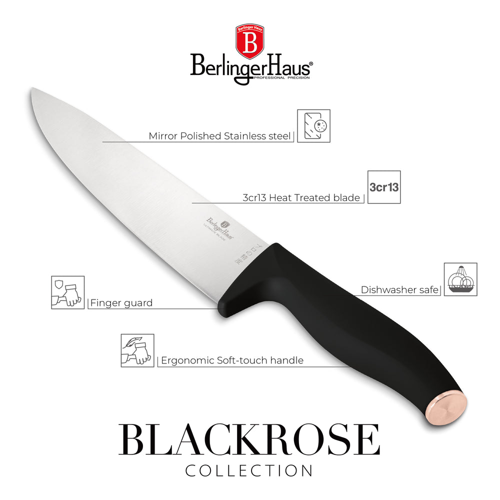 Berlinger Haus Messenblok Zwart Roségoud 10-delig - Koksmes, Broodmes, Santokumes, Officemes, Schilmes & 4 Steakmessen