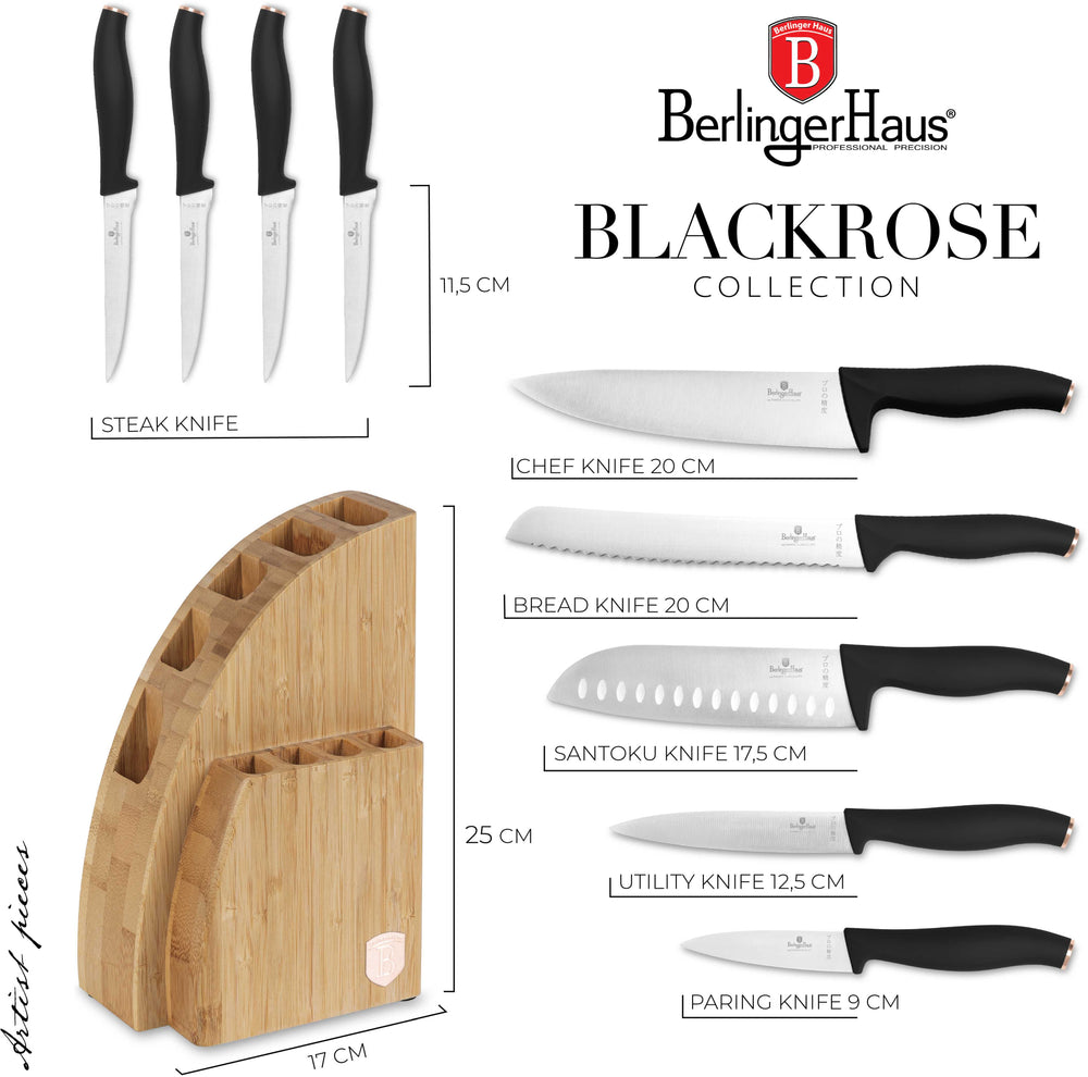 Berlinger Haus Messenblok Zwart Roségoud 10-delig - Koksmes, Broodmes, Santokumes, Officemes, Schilmes & 4 Steakmessen