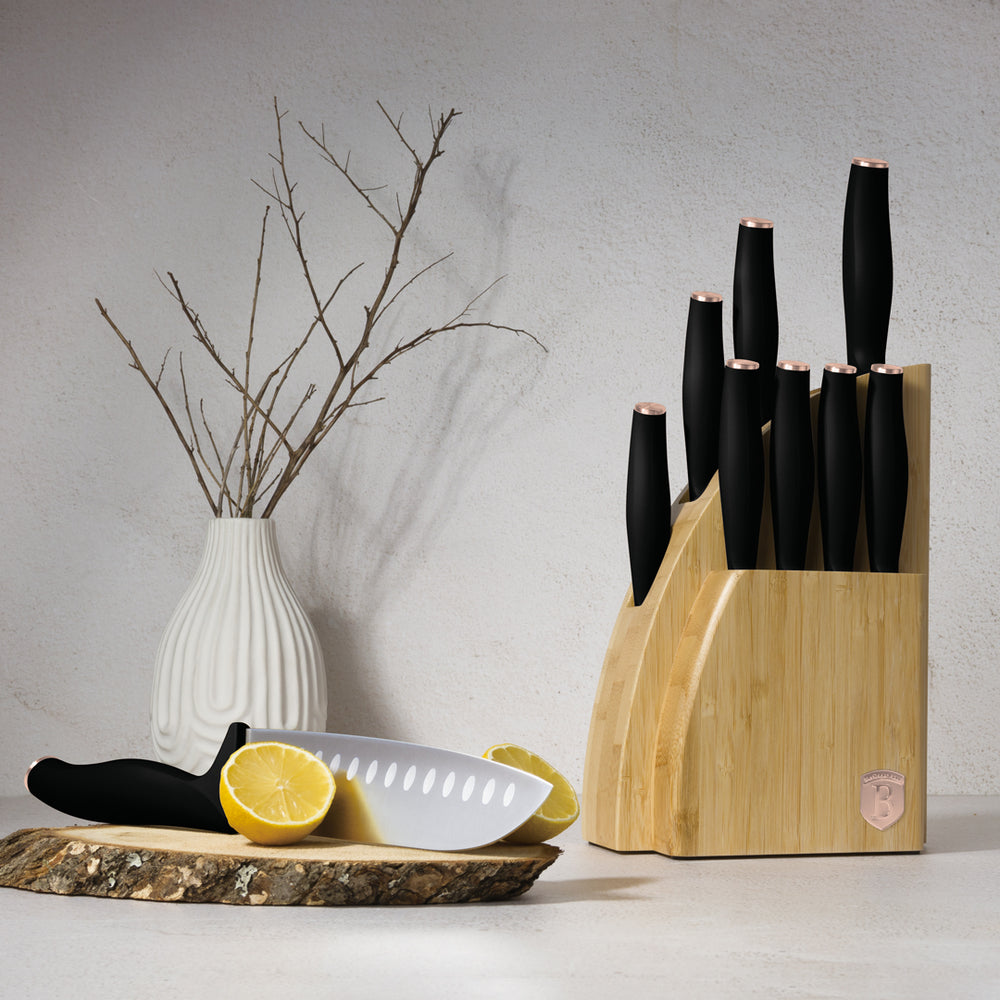Berlinger Haus Messenblok Zwart Roségoud 10-delig - Koksmes, Broodmes, Santokumes, Officemes, Schilmes & 4 Steakmessen